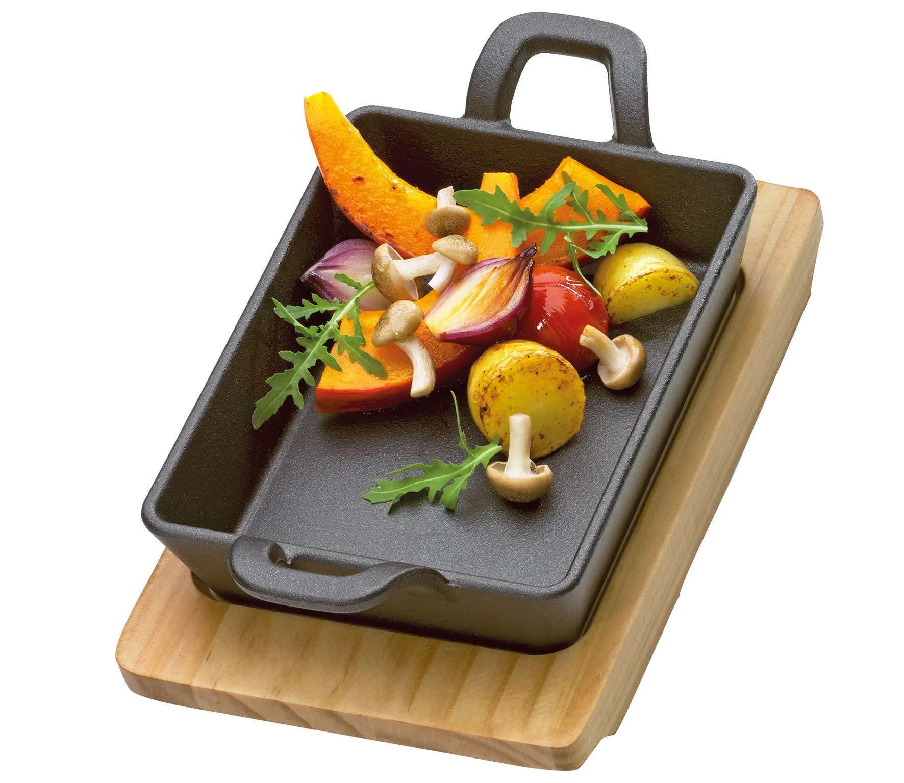 Servierpfanne eckig mit Holzbrett BBQ – Küchenprofi