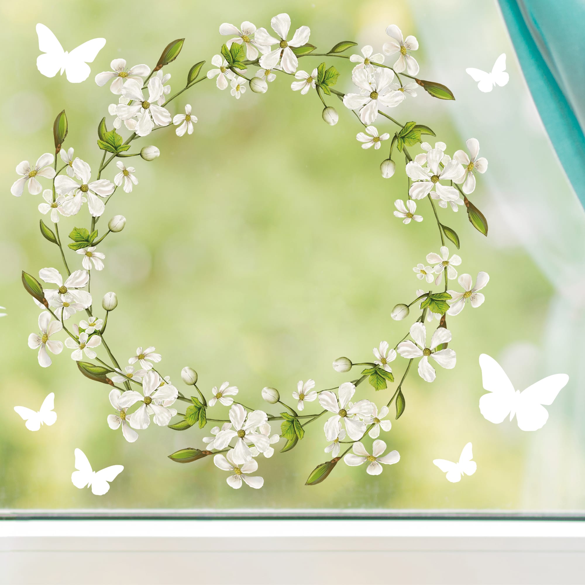 Fensterbild Blütenkranz weiß Schmetterlinge Blätter Frühling Fensteraufkleber Fensterdeko wiederverwendbare Eingang – Bild 7