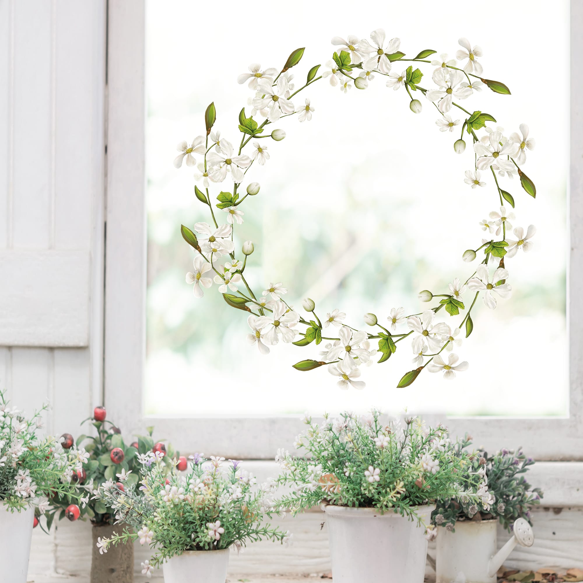 Fensterbild Blütenkranz weiß Schmetterlinge Blätter Frühling Fensteraufkleber Fensterdeko wiederverwendbare Eingang – Bild 5