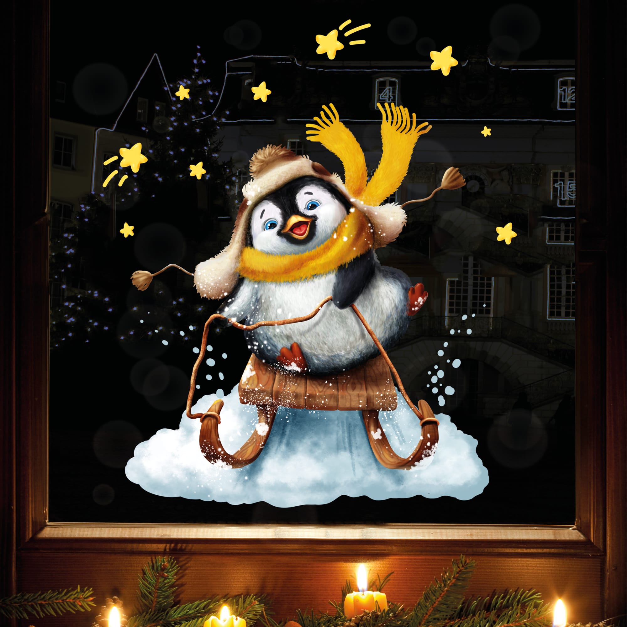Fensterbild Weihnachten Winter Pinguin Schlitten Sterne Fensterdeko Kinder, Weihnachtsdekoration – Bild 4